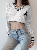 White Varsity V Neck Long Sleeve Crop Top Knit Pullover Sweater Jumper Autumn Aesthetic Casual E-Girl Kawaii Korean Japanese Harajuku