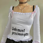 White Square Neck Lace Long Sleeve Crop Top