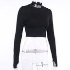 Black Rebel Letter Embroidery Turtleneck Crop Top Long Sleeve Shirt T-shirt Top Goth Punk Casual E-Girl Kawaii Korean Japanese Harajuku Streetwear
