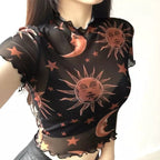 Sexy Goth Grunge Star Moon Celestial Print Ruffle Mesh Transparent Crop Top Short Sleeve Tee Shirt E-Girl Kawaii Korean Japanese Harajuku Streetwear