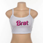 White Brat Letter Print Graphic Casual Summer Crop Top Tank Camisole T-shirt Tee E-Girl Kawaii Korean Japanese Harajuku Retro Streetwear Fashion