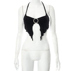 Black Lace Up Circle Rhinestone Halter Top