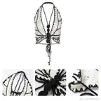 Cute Sexy Butterfly Crochet Halter Sleeveless Shirt Crop Top Camisole Beach Tunic Party Summer Aesthetic Casual E-Girl Kawaii Korean Japanese Harajuku