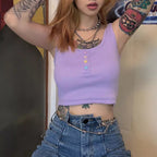 Cute Pastel Purple Heart Button Ribbed Knit Crop Top Causal Tank Top Casual Camisole T-shirt Tee E-Girl Kawaii Korean Japanese Harajuku Streetwear