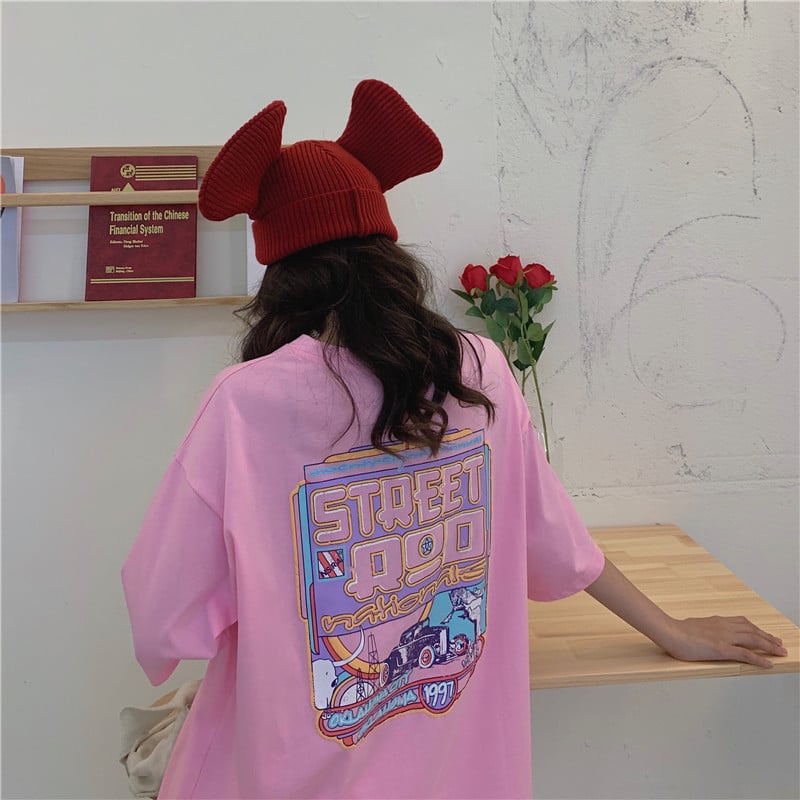 Pastel Retro 90s Vintage Cartoon Print Three Quarter Short Sleeve Tee Shirt T-shirt Top Causal E-Girl Kawaii Korean Japanese Harajuku Streetwear