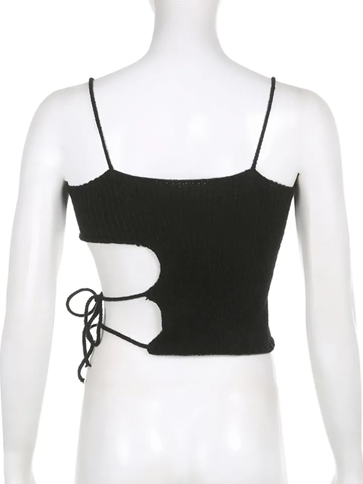 Black Knit Tie Up Backless Crop Top