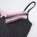 Cute Sexy 90s Black Pink Lace Trim Striped V Neck Mini Dress Dark Academia Aesthetic Goth E-Girl Kawaii Korean Japanese Harajuku Streetwear