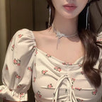 Sweet Floral Bow Pleated Puff Sleeve Blouse Aesthetic Casual E-Girl Kawaii Korean Japanese Harajuku