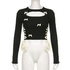 Black Bow Ribbon Hollow Out Knit Long Sleeve Shirt