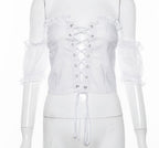 Cute Sexy Lace Up Ruffle Crop Top Short Sleeve Shirt T-shirt Tee Top Kawaii Korean Japanese Harajuku Chinese Retro Streetwear Aesthetic Fashion