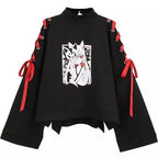 Cute Vintage Anime Fox Print Lace Up Long Sleeve Shirt Hoodie Sweatshirt Top Punk Goth E-Girl Kawaii Korean Japanese Harajuku Streetwear