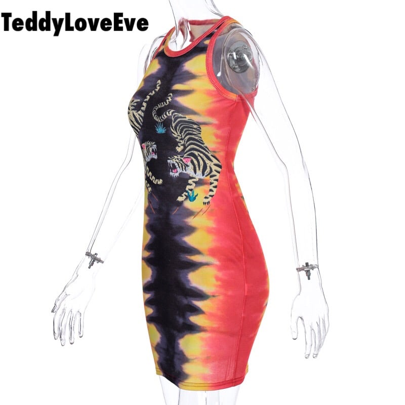 Cute Sexy Tiger Punk Tie Dye Graphic Ribbed Sleeveless Bodycon Dress E-Girl Kawaii Korean Japanese Harajuku Chinese Retro Streetwear Aesthetic