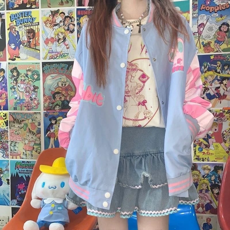 Blue & Pink Rabbit Patchwork Varsity Jacket