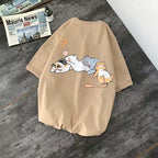 Cute Napping Cat Cartoon Print Short Sleeve Shirt Tees Aesthetic Casual Summer E-Girl Kawaii Korean Japanese Harajuku