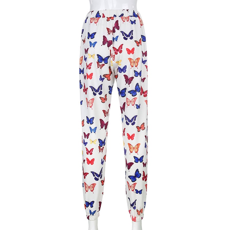 Cute Butterfly Rainbow Print Loose Baggy High Waisted Trousers Joggers Pants Sweats Bottom E-Girl Kawaii Korean Japanese Harajuku Retro Streetwear