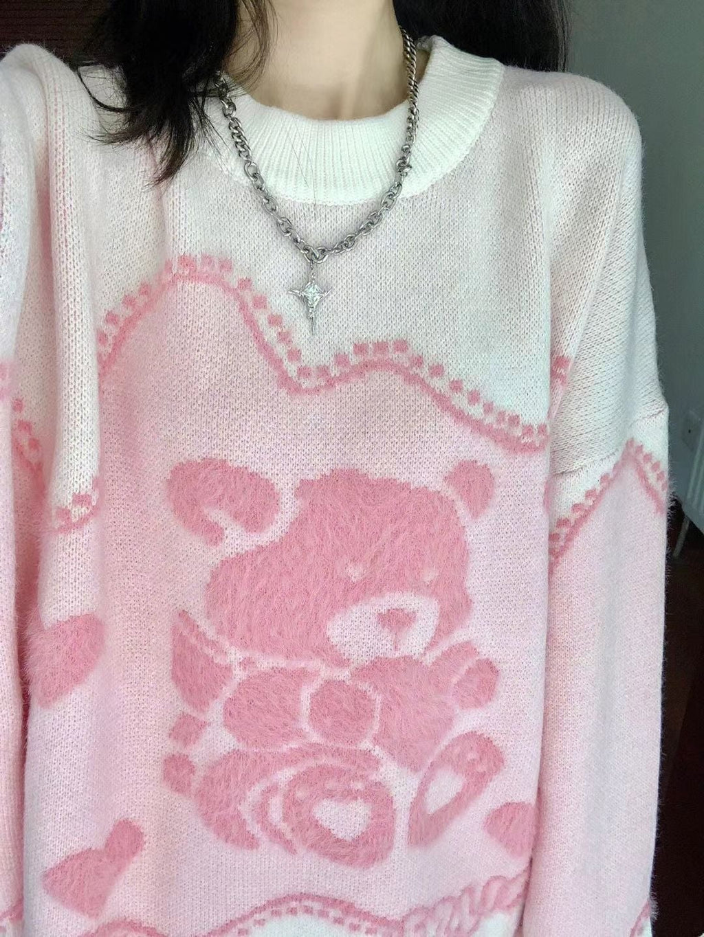 Pink Teddy Bear Print Sweater