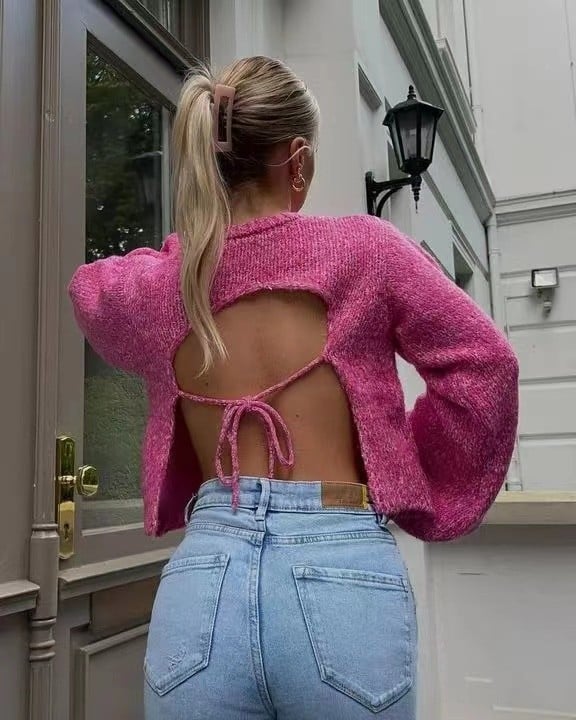 Pink Knit Backless Lace Up Sweater