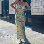 Floral Square Collar Long Bodycon Dress