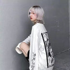 White Dark Anime Girl Cartoon Print Long Sleeve White T-Shirt Oversize Loose Vintage Goth Aesthetic E-Girl Kawaii Korean Japanese Harajuku Streetwear