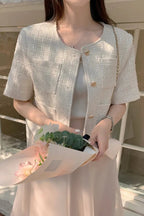 Heart Button Tweed Short Sleeve Blouse