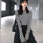 Cute Black White Checkerboard Plaid Long Sleeve Shirt Top Punk Goth Aesthetic Casual E-Girl Kawaii Korean Japanese Harajuku
