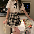 Cute 2pcs Set White Puff Ruffles Sleeve Shirt + Aline Pleated Preppy Mini Skirt Summer Aesthetic Casual E-Girl Kawaii Korean Japanese Harajuku