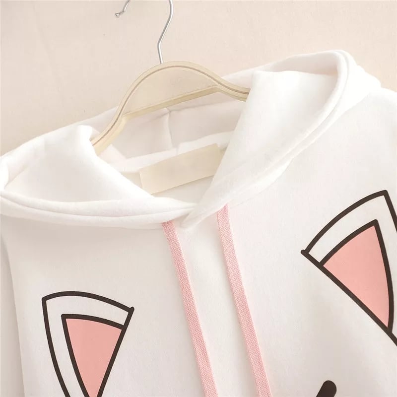 Cute Cat Kitten Ear Cartoon Print Funny Hoodie Long Sleeve Pullover Sweatshirt Aesthetic Casual E-Girl Kawaii Korean Japanese Harajuku