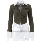 Polo Neck Low Cut Ruched Long Sleeve Crop Top