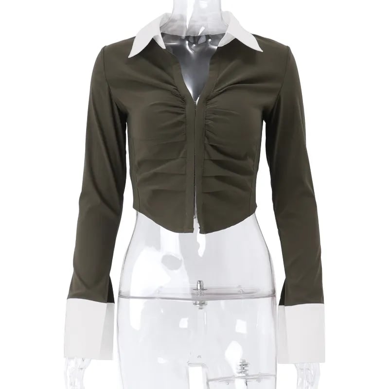 Polo Neck Low Cut Ruched Long Sleeve Crop Top