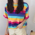 Cute Causal Pastel Rainbow Colorful Stripe Loose Round Neck Short Sleeve Tee Shirt T-shirt Top E-Girl Kawaii Korean Japanese Harajuku Retro Streetwear