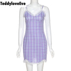 Cute Sexy Plaid Halter V Neck Lace Spaghetti Strap Bodycon Mini Dress Party E-Girl Kawaii Korean Japanese Harajuku Chinese Retro Streetwear Aesthetic
