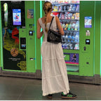 White Pleated Lace Up Square Collar Ruffle Maxi Dress