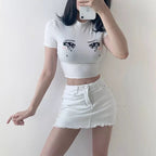 Cute Anime Girl Crying Eye Embroidery White Ribbed Crop Top Short Sleeve Shirt T-shirt Summer Casual E-Girl Kawaii Korean Japanese Harajuku Streetwear