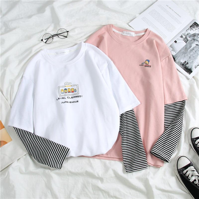 Cute Casual Letter Stripe Patchwork Long Sleeve Tee Shirt T-shirt Top Spring Summer O-neck E-Girl Kawaii Korean Japanese Harajuku Retro Streetwear