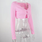 Pink Ribbed Long Sleeve Crop Top