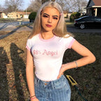 Cute Sexy Angel Pink Cartoon Crop Top Short Sleeve Shirt Tee T-shirt Kawaii Korean Japanese Harajuku Chinese Retro Streetwear Aesthetic Fashion