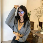 Panelled V Neck Cropped Loose Long Sleeve Jumper