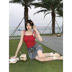 Cherry Red Plaid Embroidery Tank Top
