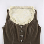 Brown Button Up Lace Patchwork Sleeveless Vest Shirt