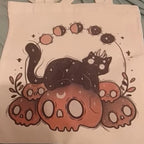 Cute Cat Skull Print Reusable Shopping Bag Canvas Tote Shoulder Bag Aesthetic Casual E-Girl Kawaii Korean Japanese Harajuku