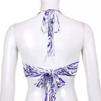 Cute Sexy Tie Dye V-Neck Lace Up Halter Backless Beach Crop Top Summer Aesthetic Casual E-Girl Kawaii Korean Japanese Harajuku