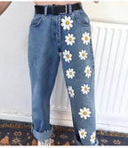 Cute Flower Daisy Denim Chic High Waisted Vintage Jean Pants Trouser E-Girl Kawaii Korean Japanese Harajuku Chinese Retro Streetwear Aesthetic
