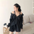 Cute Black Vertical Stripe Buckle Off Shoulder Long Sleeve Shirt Blouse Aesthetic Casual E-Girl Kawaii Korean Japanese Harajuku