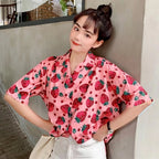 Cute Pink Strawberry Print Button Down Short Sleeve Shirt Blouse Aesthetic Casual Summer E-Girl Kawaii Korean Japanese Harajuku