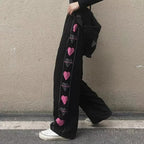 Black Heart Print Wide Leg Trousers