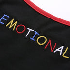 Cute Black Emotional Embroidery Crop Top Camisole Spaghetti Tank Shirt Tee T-shirt E-Girl Kawaii Korean Japanese Harajuku Retro Streetwear Aesthetic