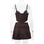 2PCS Vertical Stripe Print Spaghetti Strap Top + Skirt