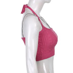 90s Pink Chain Knit Halter Crop Top Backless Tank Sleeveless Shirt Summer Aesthetic Casual E-Girl Kawaii Korean Japanese Harajuku