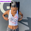 Cute Sexy White Skull Ribbed Sleeveless Tank Crop Top T-shirt Punk Goth Aesthetic Summer Party E-Girl Kawaii Korean Japanese Harajuku Streetwear