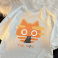 Cat Cartoon Sun Moon Print Short Sleeve T-shirt
